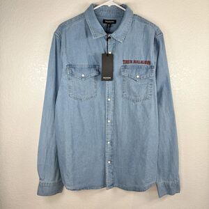 NWT True Religion Chambray Long Sleeve LARGE Blue Denim Western Pearl Snap Shirt